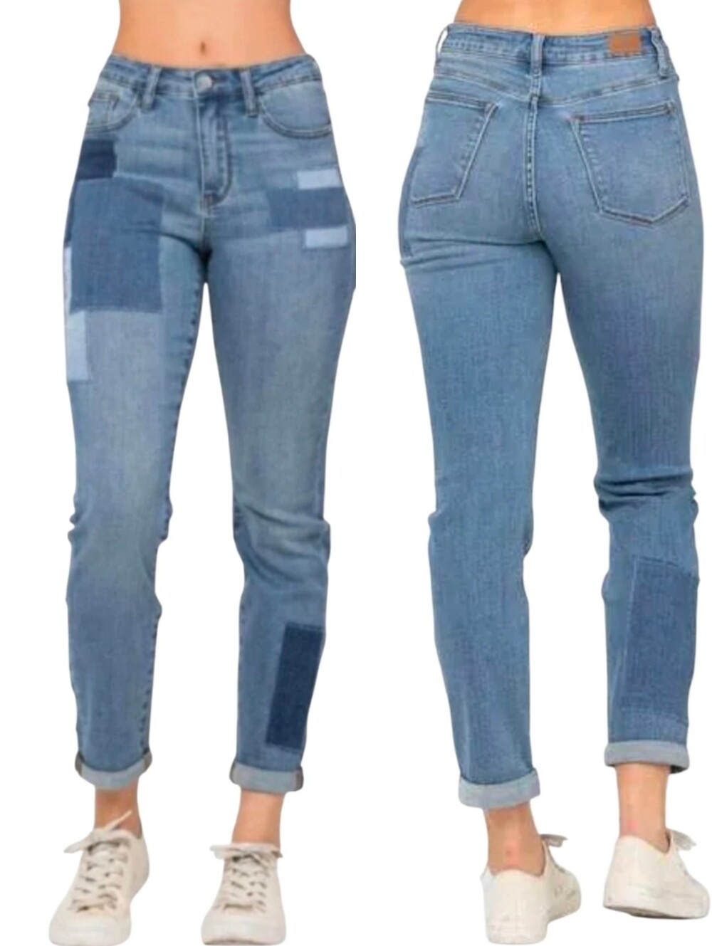 Judy Blue High Waist Double Rolled Cuff Patch Boyfriend Jeans Stretch 9 29 NWT